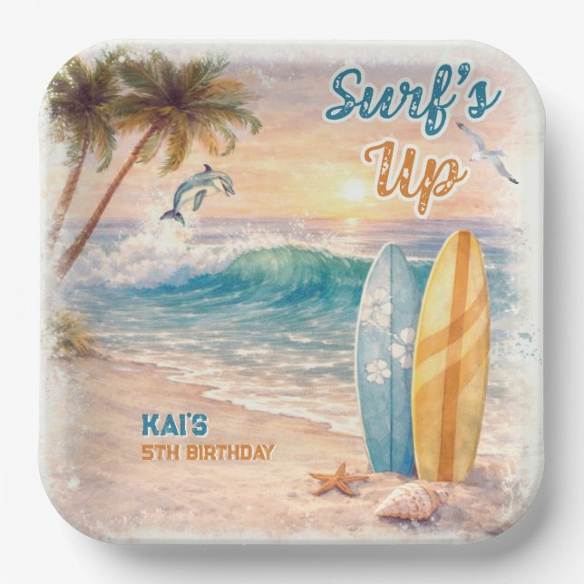 Plato De Papel Surf’s Up Retro Beach Birthday Party  (Anverso)
