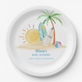 Plato De Papel Surfboard Sunshine Beach Palm Tree Baby Shower