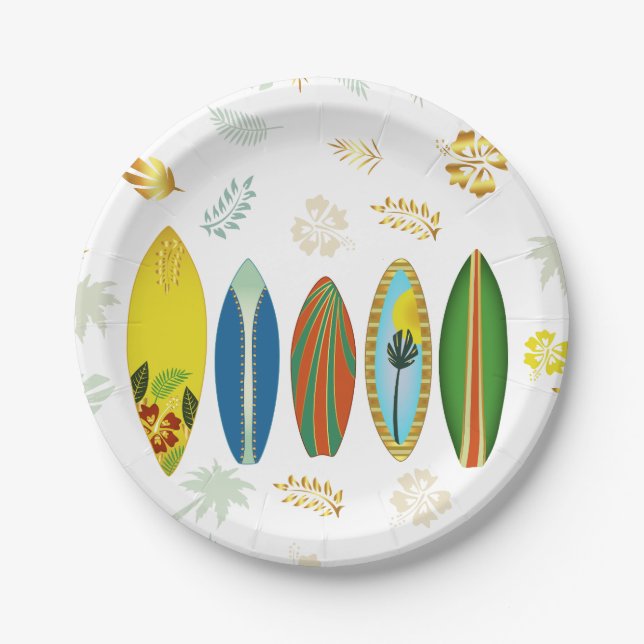 Plato De Papel Surfboards costeras tropicales de oro retro (Anverso)