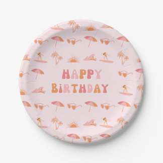 Plato De Papel Surfer Chica Birthday 7" Fiesta Placas