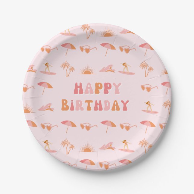 Plato De Papel Surfer Chica Birthday 7" Fiesta Placas (Anverso)