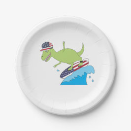 Plato De Papel Surfing de la Bandera Americana de Dinosaurios
