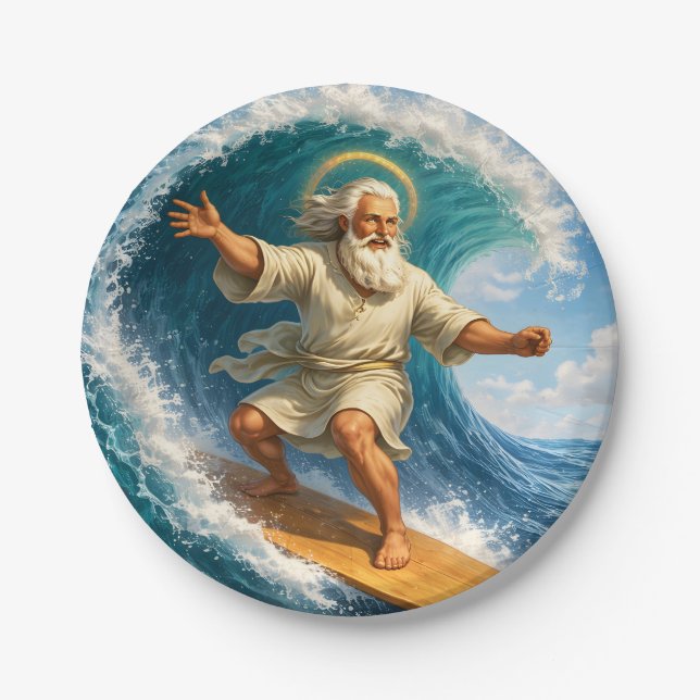 Plato De Papel Surfing Moses funny biblical art party paper plate (Anverso)