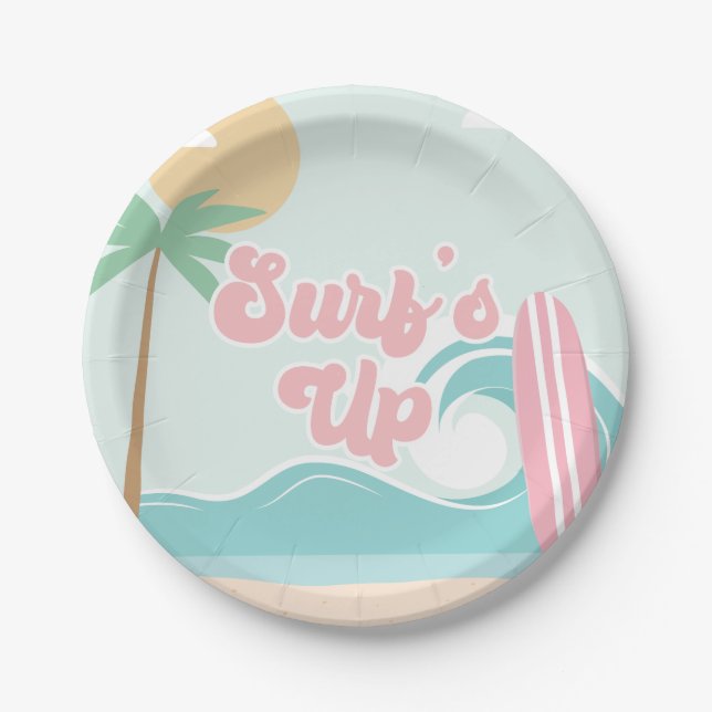 Plato De Papel Surfs Up Pink Beach Birday Paper (Anverso)