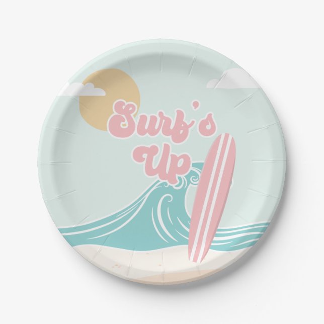 Plato De Papel Surfs Up Pink Beach Birday Paper (Anverso)