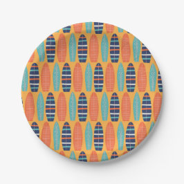 Plato De Papel Surfs Up Surfboards Naranja Blue Summer Birday