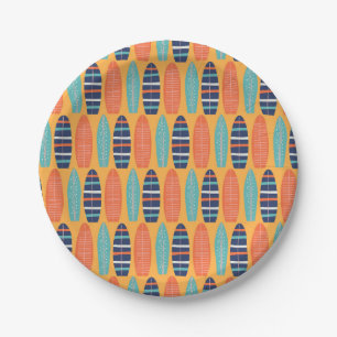 Plato De Papel Surfs Up Surfboards Naranja Blue Summer Birday