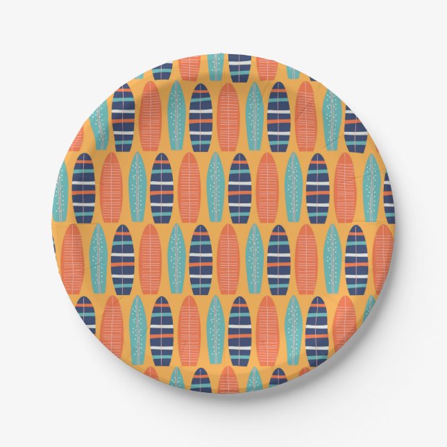 Plato De Papel Surfs Up Surfboards Naranja Blue Summer Birday (Anverso)