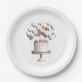 Plato De Papel Surrealista, con globos y pastel de cumpleaños bla