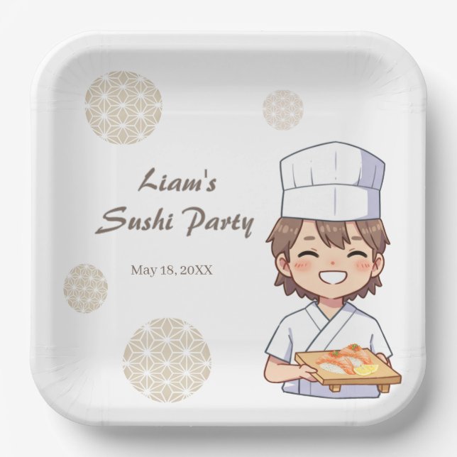 Plato De Papel Sushi Birthday Party Invitation with Cute Anime  (Anverso)
