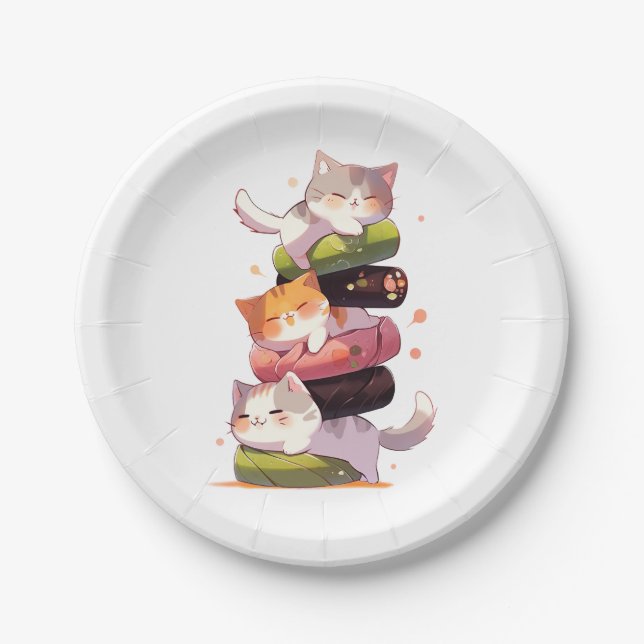 Plato De Papel Sushi Cat Miaw | Estilo anime japonés (Anverso)