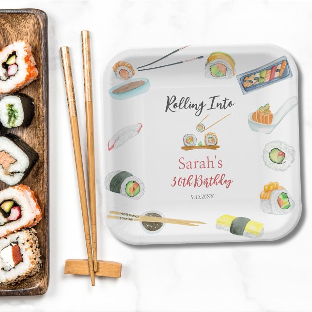 Plato De Papel Sushi y Sashimi de Acuarela Cumpleaños Blanco (Subido por el creador)