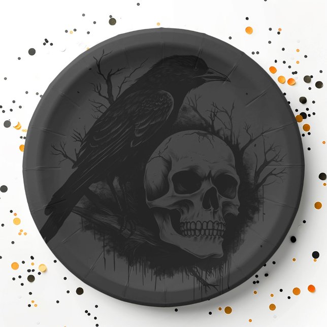 Plato De Papel Sutil cráneo y cuervo negro gris Halloween (Subtle skull and crow black gray Halloween Paper Plates)