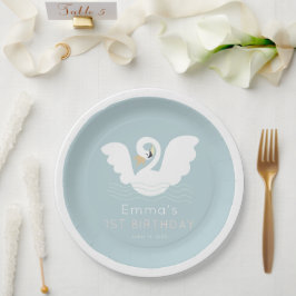 Plato De Papel Swan Princess Chica azul moderno Cumpleaños