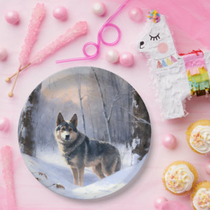 Plato De Papel Swedish Vallhund Deja que nieve Navidad