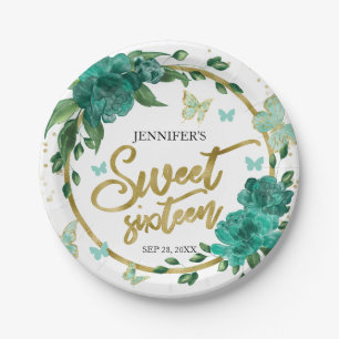 Plato De Papel Sweet 16 Butterflys Emerald Green Gown
