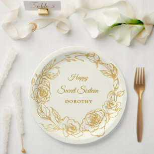 Plato De Papel Sweet 16 Fiesta Luxe Gold Rosa Floral Marfil