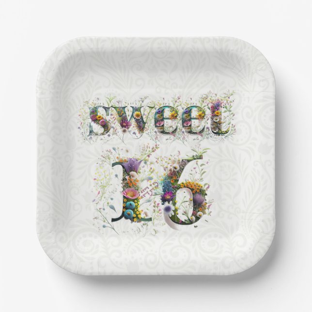 Plato De Papel Sweet 16 Happy Birthday Wildflowers Text (Anverso)
