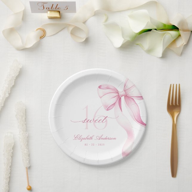 Plato De Papel Sweet 16 Pink Bow Paper Plates (Boda)
