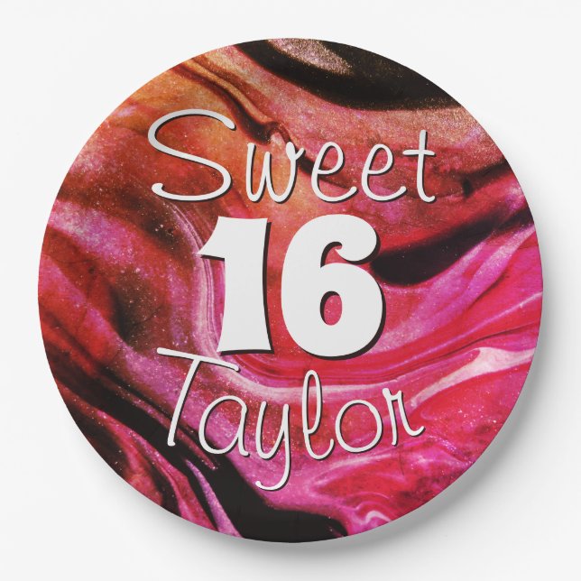 Plato De Papel Sweet 16 Red & Orange Marble Personalized (Anverso)