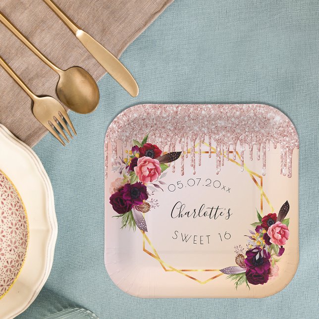 Plato De Papel Sweet 16 rose gold blush glitter floral geometric (Subido por el creador)