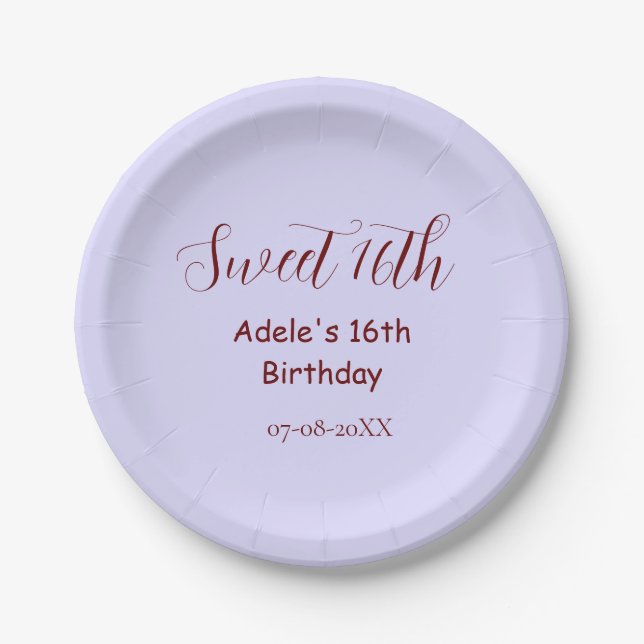 Plato De Papel Sweet 16th birthday purple pastel mauve retro name (Anverso)