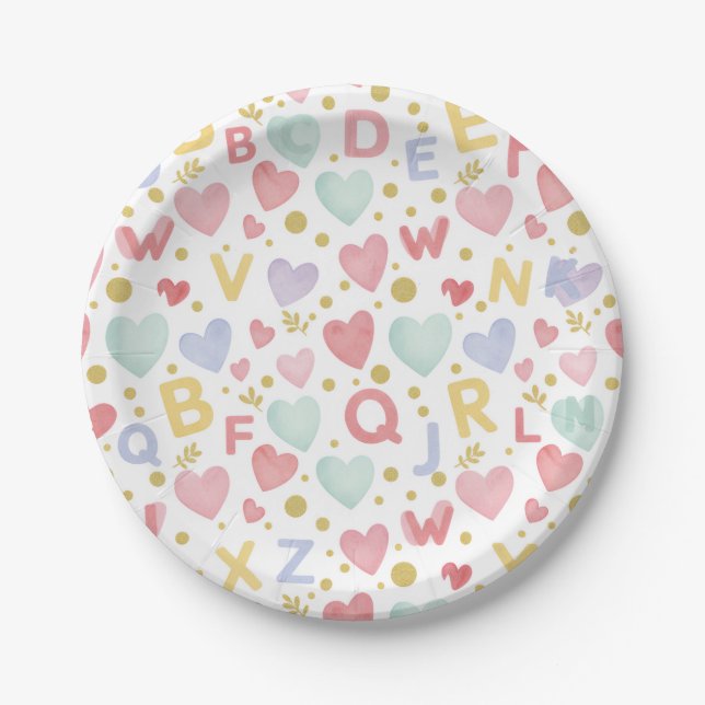 Plato De Papel Sweet Alphabet & Hearts Watercolor (Anverso)