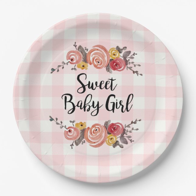 Plato De Papel Sweet Baby Girl Gingham Baby Shower (Anverso)