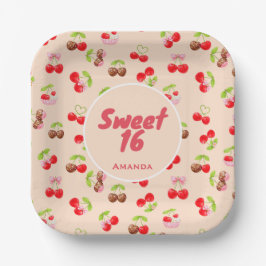 Plato De Papel Sweet Cherry Dessert Birthday Pattern Cute Party