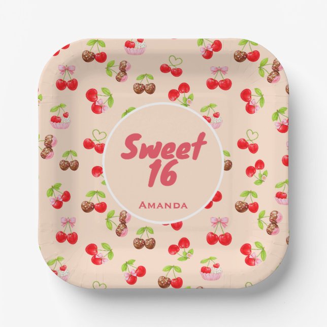 Plato De Papel Sweet Cherry Dessert Birthday Pattern Cute Party  (Anverso)
