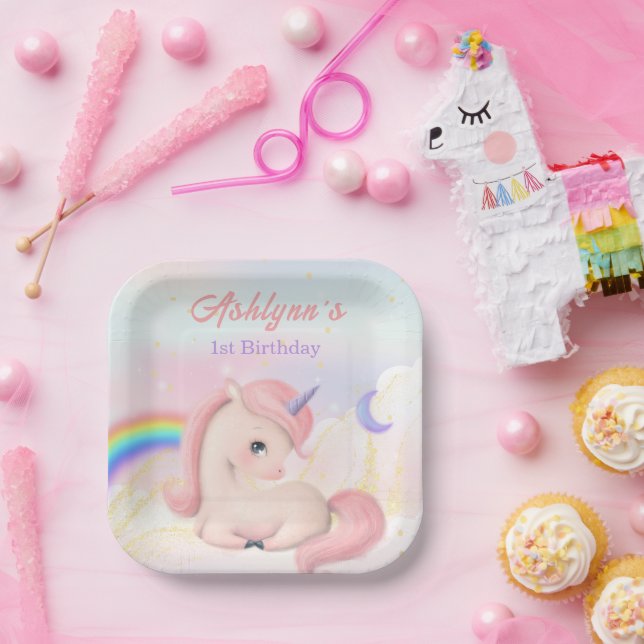 Plato De Papel Sweet Elegant Cute Pink Watercolour Unicorn square (Fiesta)