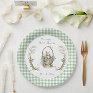 Plato De Papel Sweet Fairytale Animal Green Gingham Baby Shower