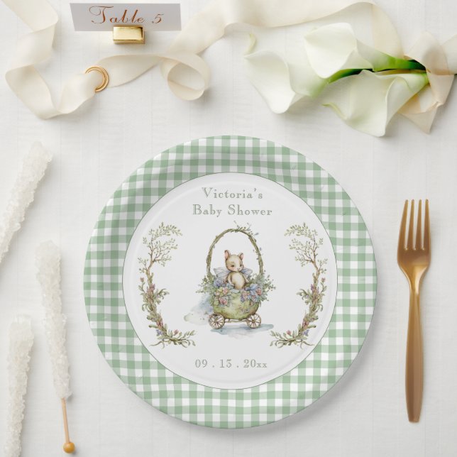 Plato De Papel Sweet Fairytale Animal Green Gingham Baby Shower (Boda)