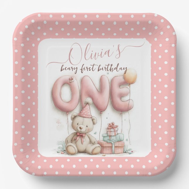 Plato De Papel Sweet First Birthday with Teddy Bear  (Anverso)