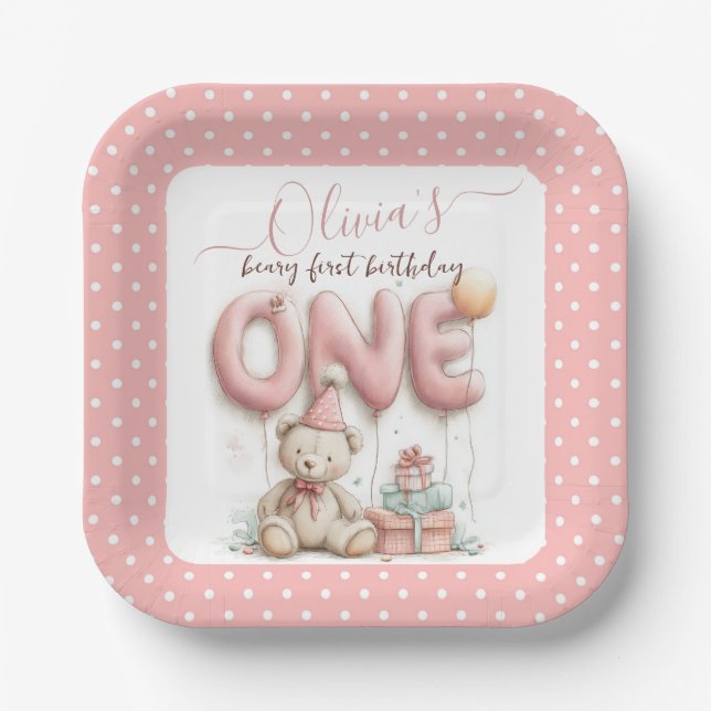 Plato De Papel Sweet First Birthday with Teddy Bear  (Anverso)