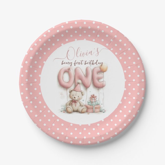 Plato De Papel Sweet First Birthday with Teddy Bear  (Anverso)