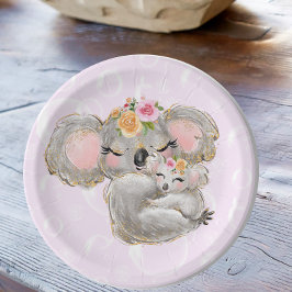 Plato De Papel Sweet Girly Watercolor Koala Baby Shower rosa