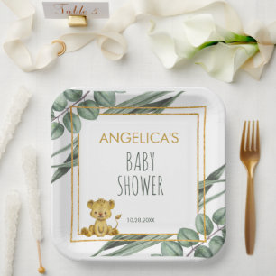 Plato De Papel Sweet Jungle Safari Lion Gold Baby Shower
