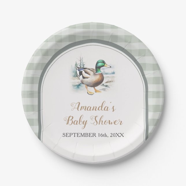 Plato De Papel Sweet Little Duckling Mallard Gingham Baby Shower (Anverso)