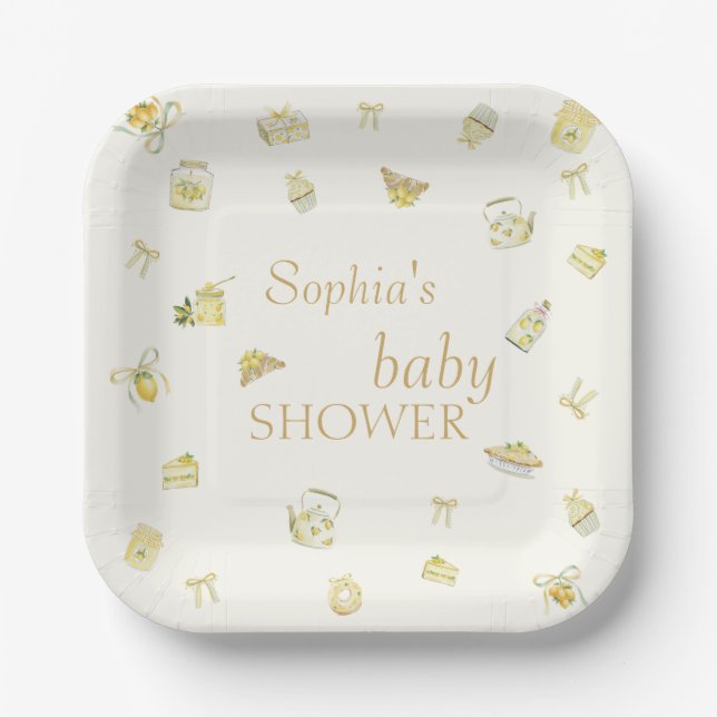 Plato De Papel Sweet Little Lemon Watercolor Baby Shower (Anverso)