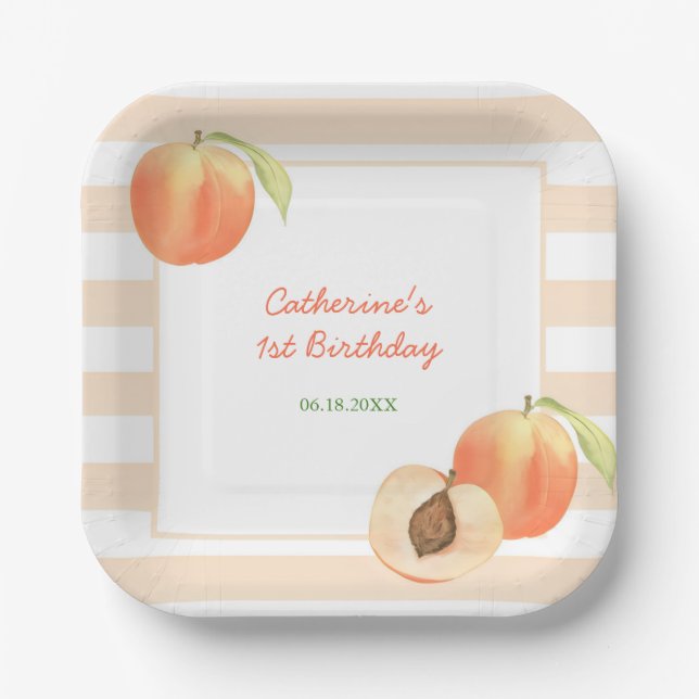Plato De Papel Sweet Little Peach Stripes Girl Birthday (Anverso)
