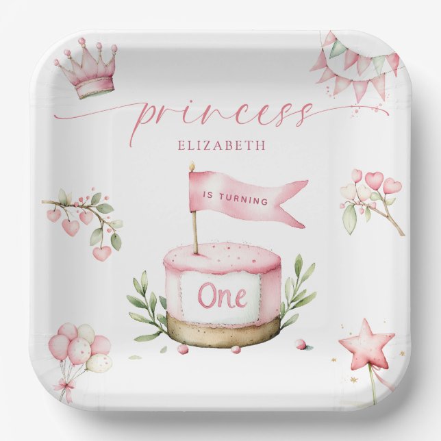 Plato De Papel Sweet Little Princess Pink Cake 1st Birthday (Anverso)