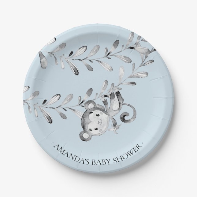 Plato De Papel Sweet Monkey Boys Baby Shower 7" Plate (Anverso)