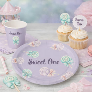 Plato De Papel Sweet One Pastel Lollipop First Birthday Paper