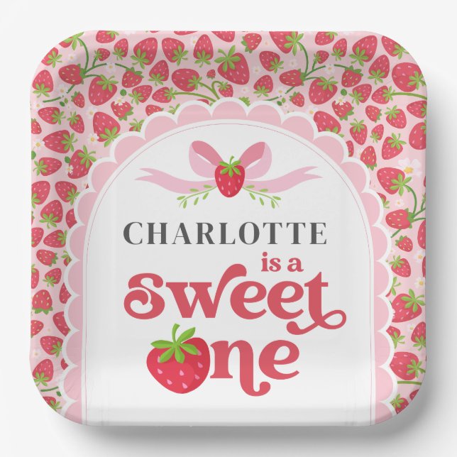 Plato De Papel Sweet One Strawberry 1er cumpleaños 9" Square (Anverso)