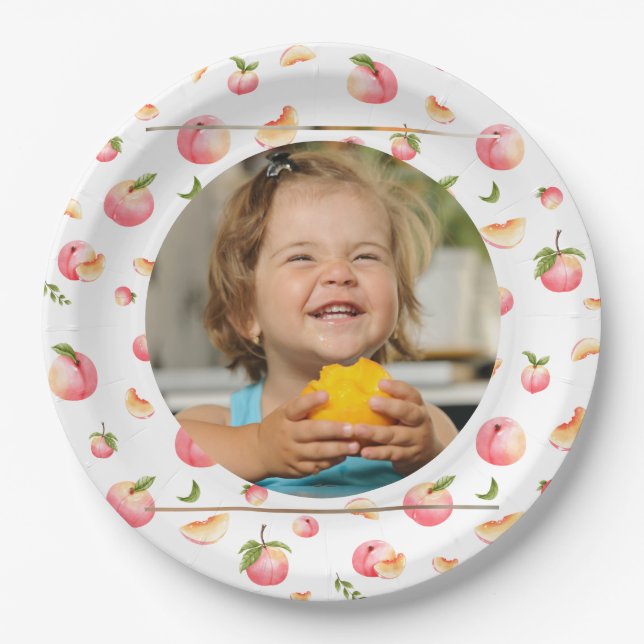 Plato De Papel Sweet Peach 1er cumpleaños Foto (Anverso)