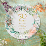 Plato De Papel Sweet Summer Roses Garland 50th Anniversary<br><div class="desc">Featuring a delicate watercolour floral garland,  this chic botanical 50th wedding anniversary paper plate can be personalised with your special anniversary information in elegant gold text. Designed by Thisisnotme©</div>