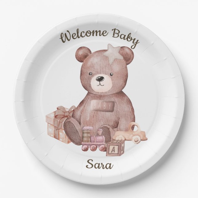 Plato De Papel Sweet Teddy Bear Baby Shower Party Plate (Anverso)