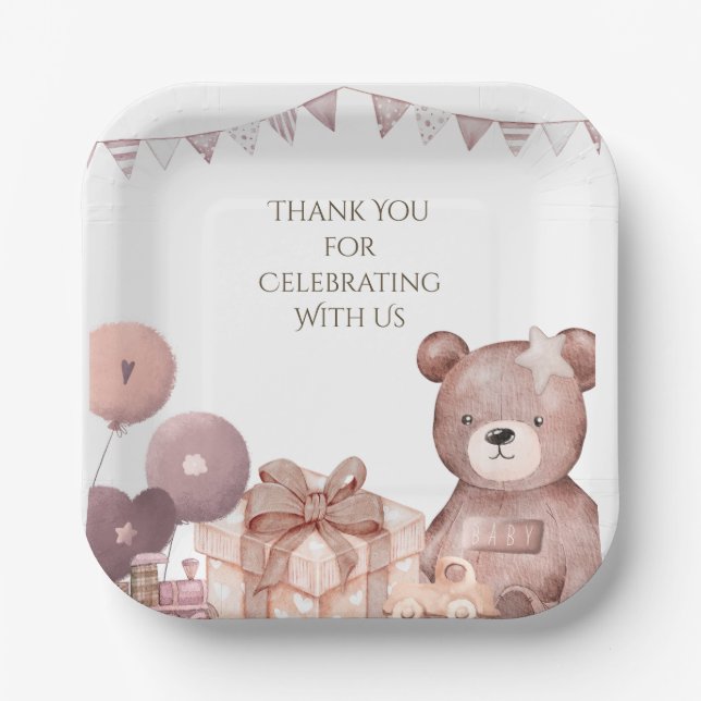 Plato De Papel Sweet Teddy Bear Baby Shower Party Plate (Anverso)