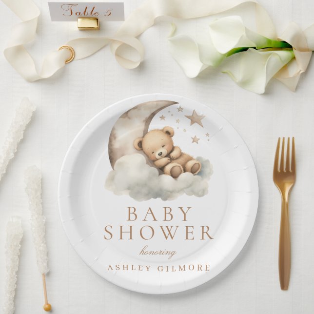 Plato De Papel Sweet Teddy Bear Beige Neutral Baby Shower (Boda)